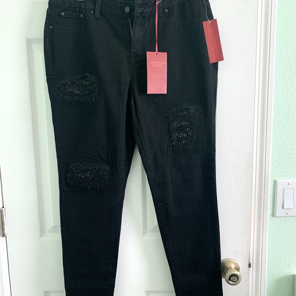 Jennifer Lopez black jeweled skinny jeans